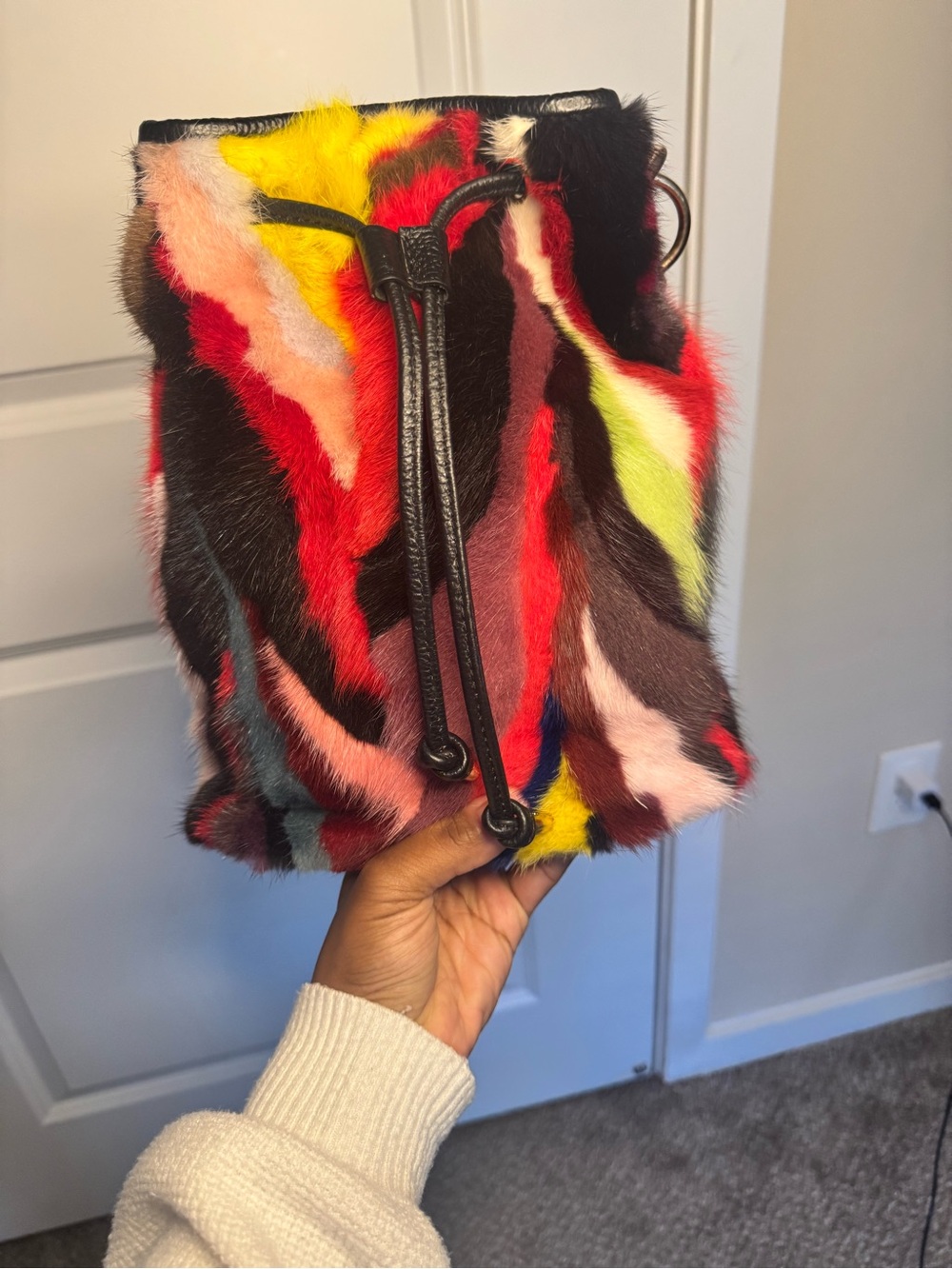 Multi-Color 100% Mink Fur Drawstring Bucket Bag - Women